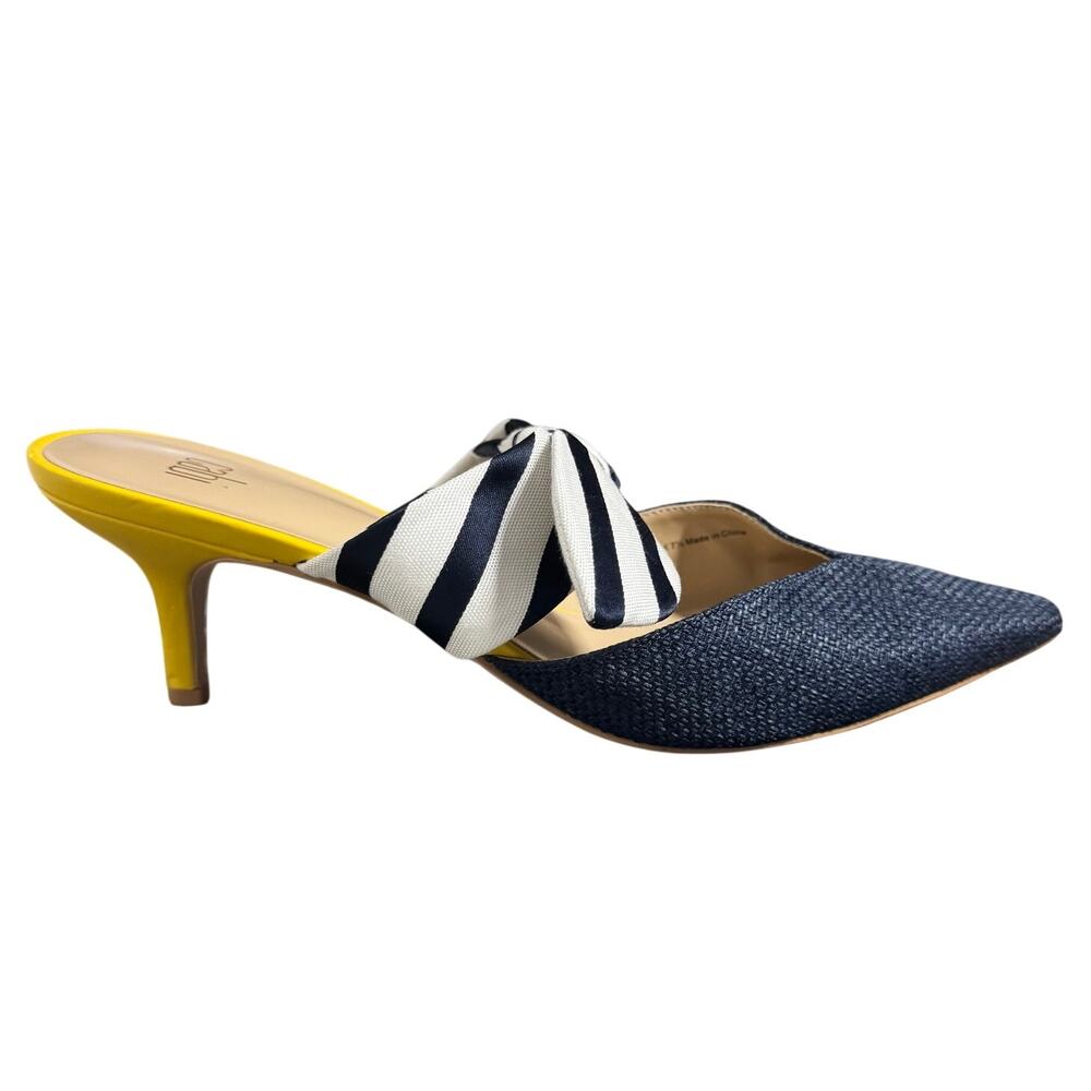 Cabi Kitten Heel Slip On Mules Women 9 Blue Yellow Striped Bow Vamp Preppy Work